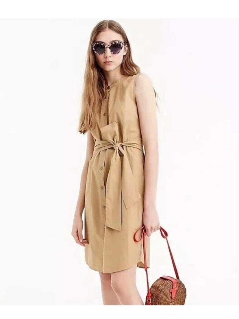 J. Crew Cotton Tan Poplin Sleeveless Tie-Waist Shirtdress XXS